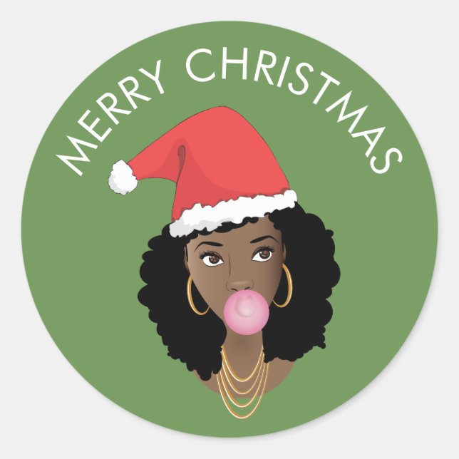 Frohe Weihnachts Schwarze Frau, Weihnachtsmannmütz Runder Aufkleber (Vorderseite)