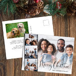 Frohe Weihnachts Script 5 Foto Feiertagspostkarte<br><div class="desc">Moderne Urlaubskarte mit Ihrem Foto,  überlagert mit einem filmartigen Streifen von drei quadratischen Fotos,  "Frohe Weihnachten" in einer festlichen Schrift und Ihrem Namen in einfacher Typografie. Fügen Sie ein 5. Foto und Ihre individuelle saisonale Nachricht auf der Rückseite hinzu.</div>
