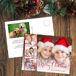 Frohe Weihnachts Script 5 Foto Feiertagspostkarte<br><div class="desc">Moderne Urlaubskarte mit Ihrem Foto,  überlagert mit einem filmartigen Streifen von drei quadratischen Fotos,  "Frohe Weihnachten" in einer festlichen Schrift und Ihrem Namen in einfacher Typografie. Fügen Sie auf der Rückseite ein weiteres Foto und Ihre individuelle saisonale Nachricht hinzu.</div>