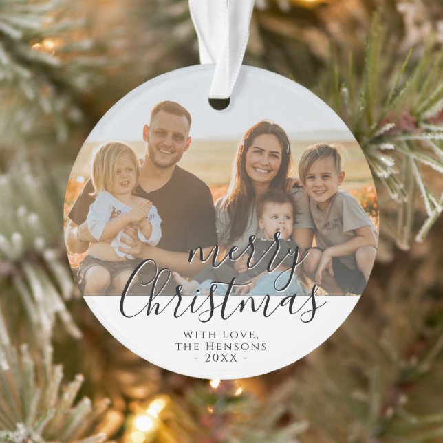 Frohe Weihnachts-Script-Familie Foto Ornament (Baum)