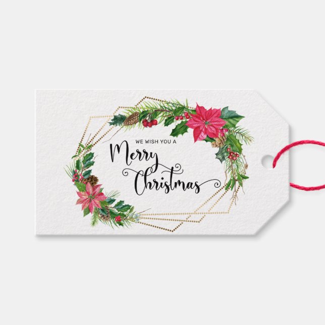 Frohe Weihnachts-Script floral mit Gold beaded Rah Geschenkanhänger (Vorderseite (Horizontal))