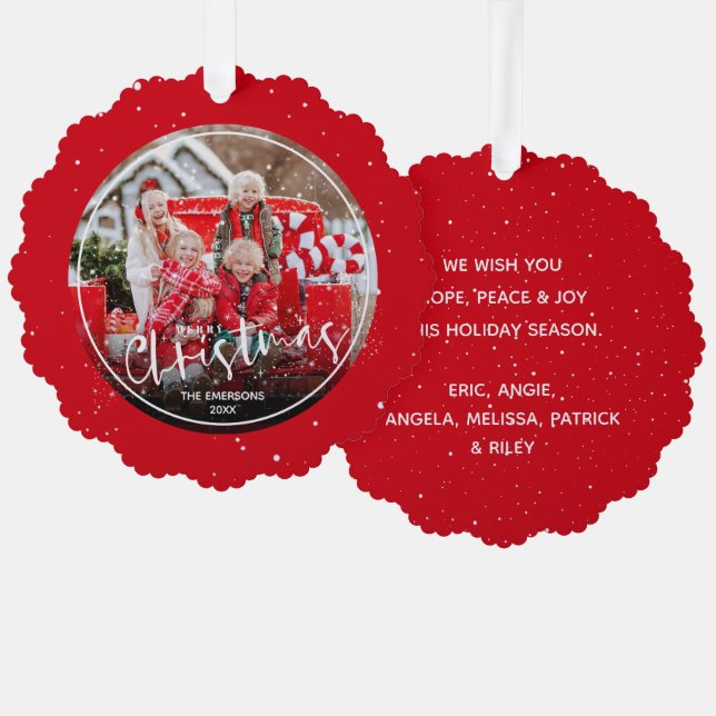 Frohe Weihnachts-Script-Foto Ornament Karte (Vorderseite/Rückseite)