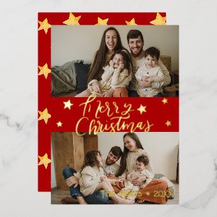 Frohe Weihnachts-Script Gold Stars 2 Foto Red Folien Feiertagskarte