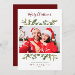 Frohe Weihnachts Script Greenery Couples Foto Feiertagskarte
