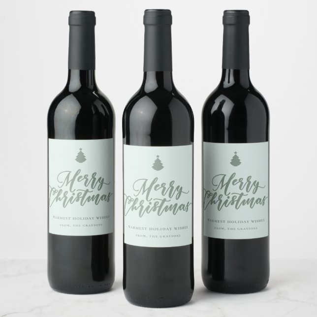 Frohe Weihnachts-Script Mint Green Holiday Wine Weinetikett (Flaschen)