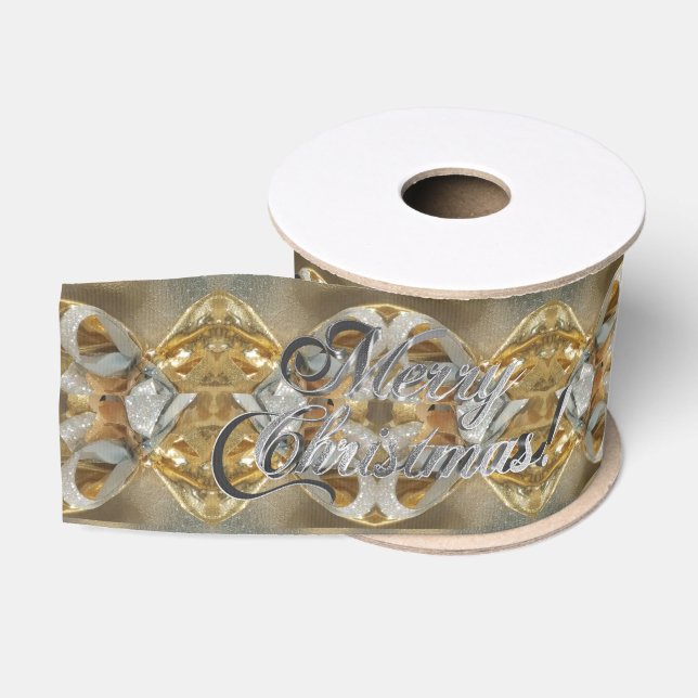 Frohe Weihnachts-Script-Muster Gold und Silver Gro Ripsband (Spule)