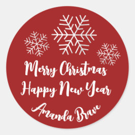 Frohe Weihnachts-Script Name Snowflakes Burgundy Runder Aufkleber