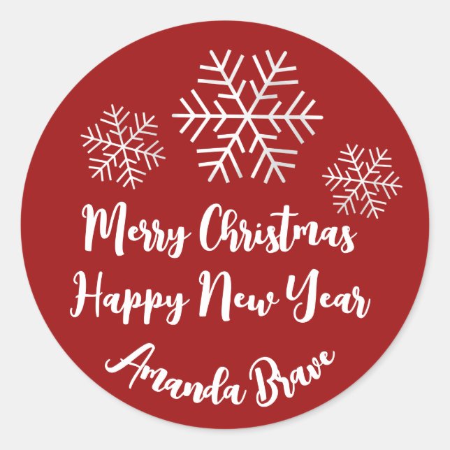 Frohe Weihnachts-Script Name Snowflakes Burgundy Runder Aufkleber (Vorderseite)