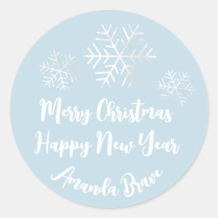 Frohe Weihnachts-Script Name Snowflakes Gray Blue Runder Aufkleber