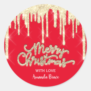 Frohe Weihnachts-Script Name Tropfen Red Gold Runder Aufkleber