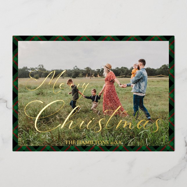 Frohe Weihnachts Script Navy Kariert Foto Holiday Folieneinladung (Vorderseite)
