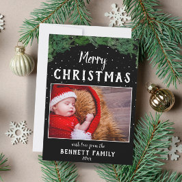 Frohe Weihnachts-Script Pine Black Snowflake Foto Feiertagskarte