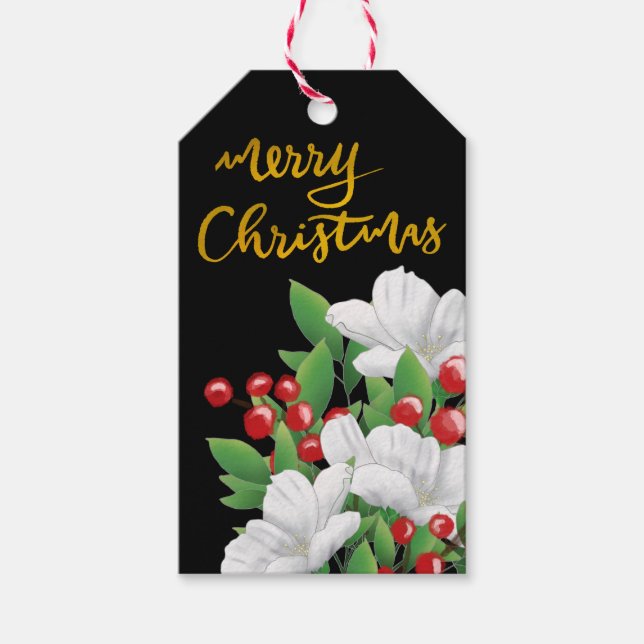 Frohe Weihnachts Script Red Berries Floral Geschenkanhänger (Vorderseite)