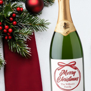 Frohe Weihnachts-Script Red Ribbon Bow Wine Label