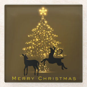 Frohe Weihnachts-Silhouette Hirsch und Golden Tree Glasuntersetzer