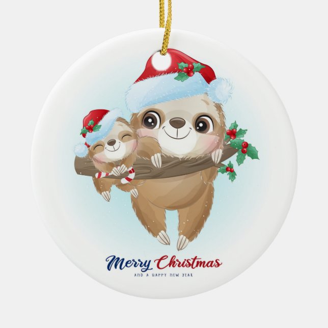 Frohe Weihnachts-Sloth Keramik Ornament (Vorne)