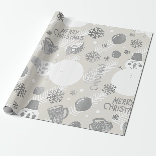 Frohe Weihnachts Snowman Coffe Tasse Silver White Geschenkpapier (Ungerollt)