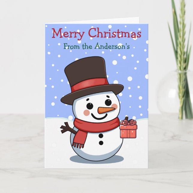 Frohe Weihnachts Snowman Custom Familienname Karte (Vorderseite)