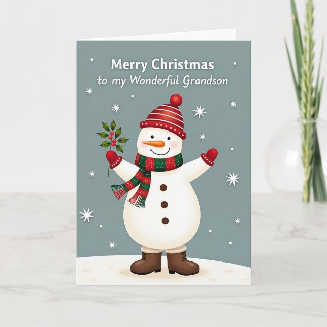 Frohe Weihnachts Snowman Grandson Card Karte (Vorderseite)
