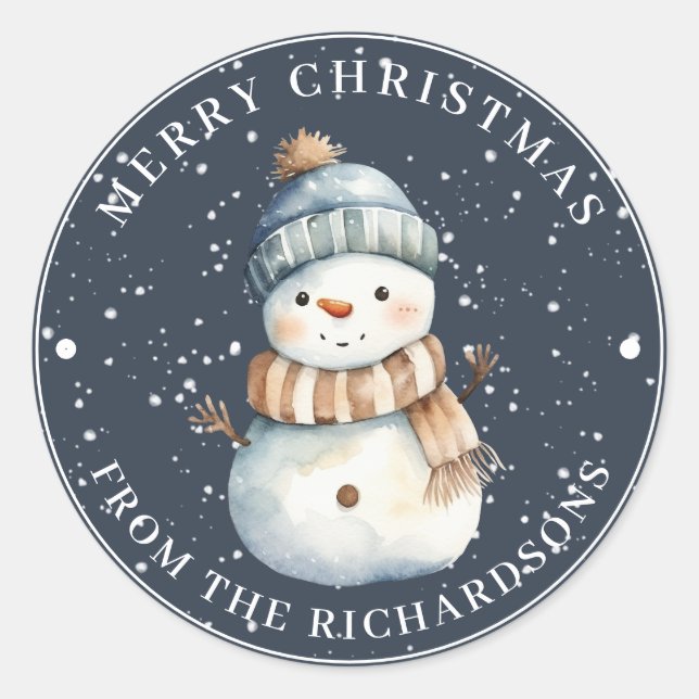 Frohe Weihnachts-Snowman mit Hut auf Blau Runder Aufkleber (Vorderseite)
