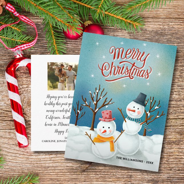 Frohe Weihnachts Snowmen Custom Family Foto Postkarte (Von Creator hochgeladen)