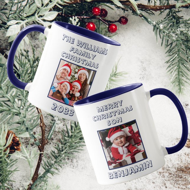 Frohe Weihnachts Sohn Foto Navy Blue & White Tasse (Front And Back)
