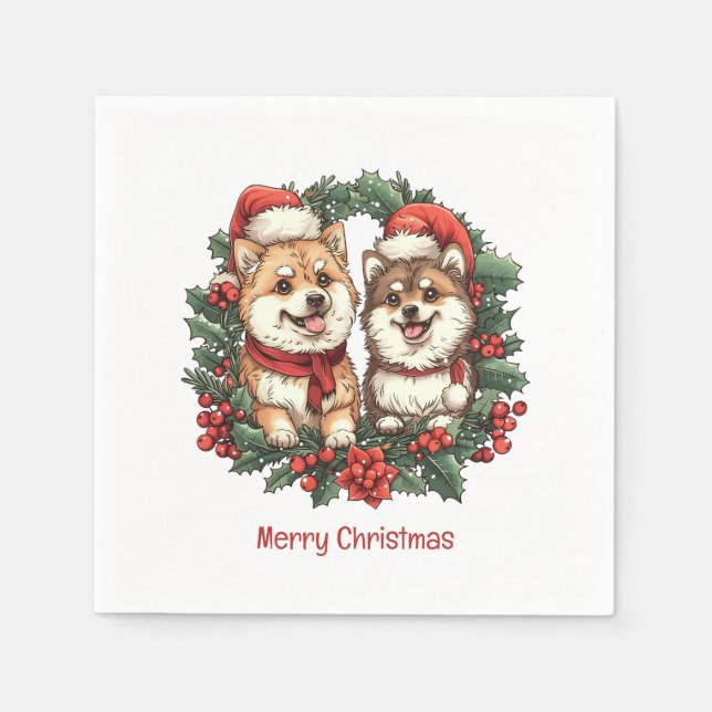 Frohe Weihnachts-Spitz Hunde Mistletoe Wreath Serviette (Vorderseite)