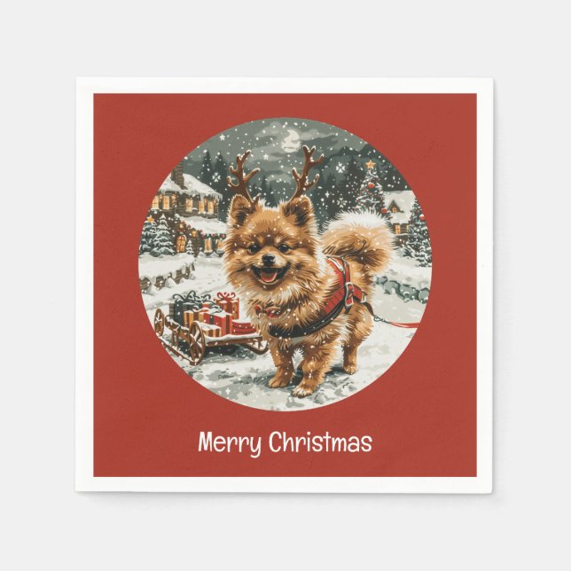 Frohe Weihnachts-Spitz Reindeer Dog Serviette (Vorderseite)