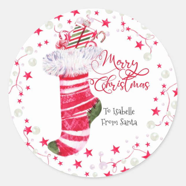 Frohe Weihnachts-Strumpf Personalisiert Runder Aufkleber (Vorderseite)