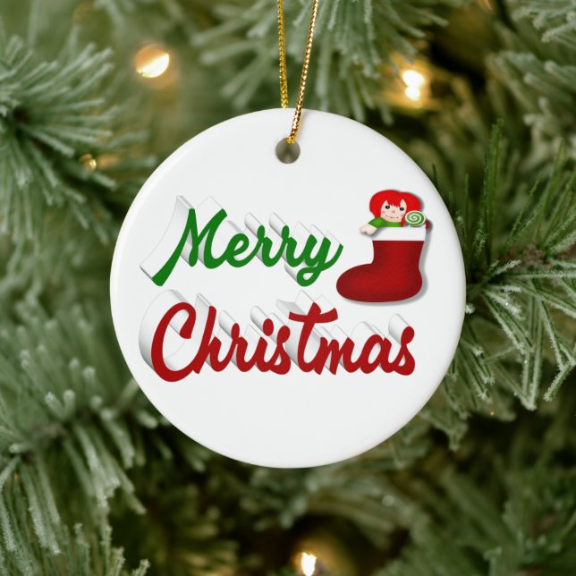 Frohe Weihnachts-Strumpf Rot-Grün-Skript Keramik Ornament (Baum)