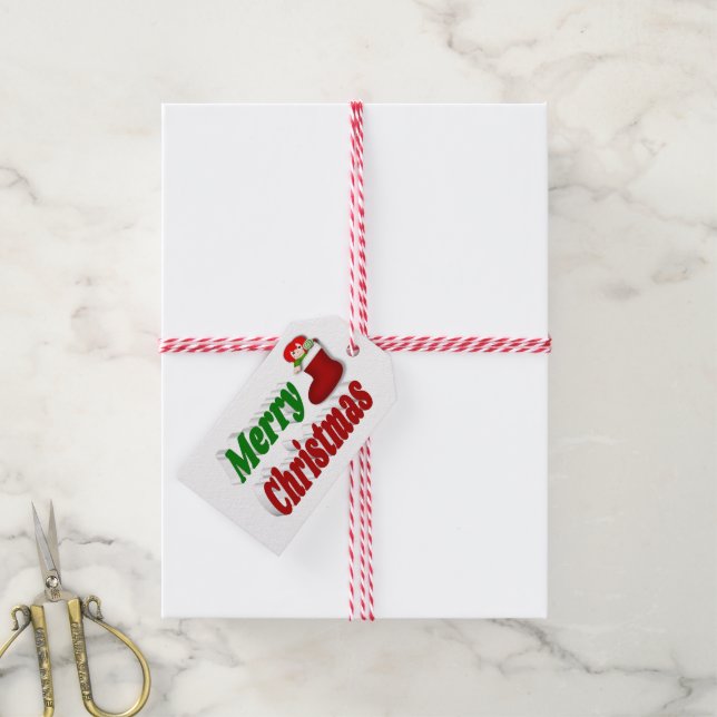 Frohe Weihnachts-Strumpf rot-grüne Typografie Geschenkanhänger (Mit Garn)