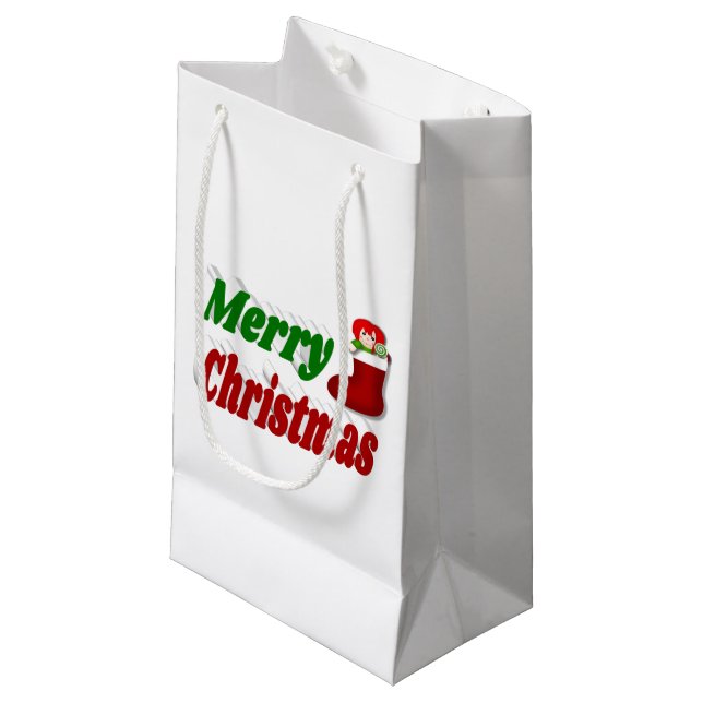 Frohe Weihnachts-Strumpf rot-grüne Typografie Kleine Geschenktüte (Vorderseite Schrägansicht)