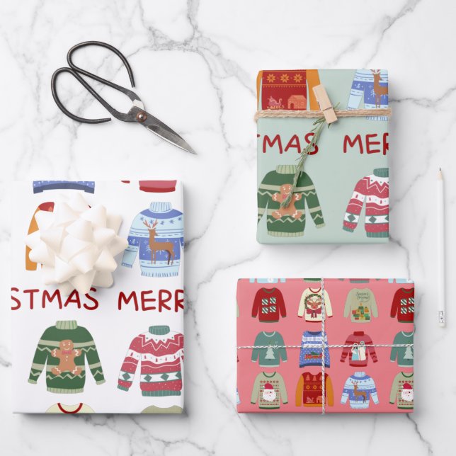 Frohe Weihnachts-Sweaters Geschenkpapier Set (Vorderseite)