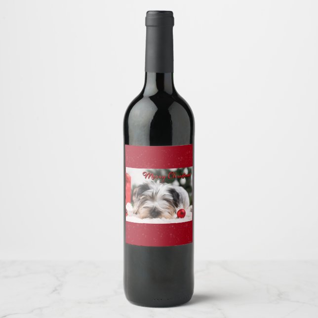 Frohe Weihnachts Terrier Pet Hund Niedlich Weinetikett (Vorderseite)