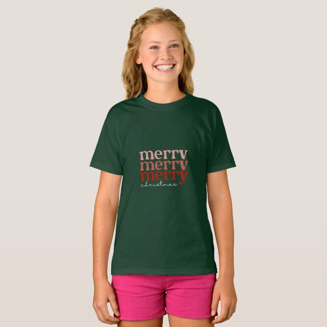 Frohe Weihnachts Text Gruß Red & Green Girl T-Shirt (Vorne ganz)