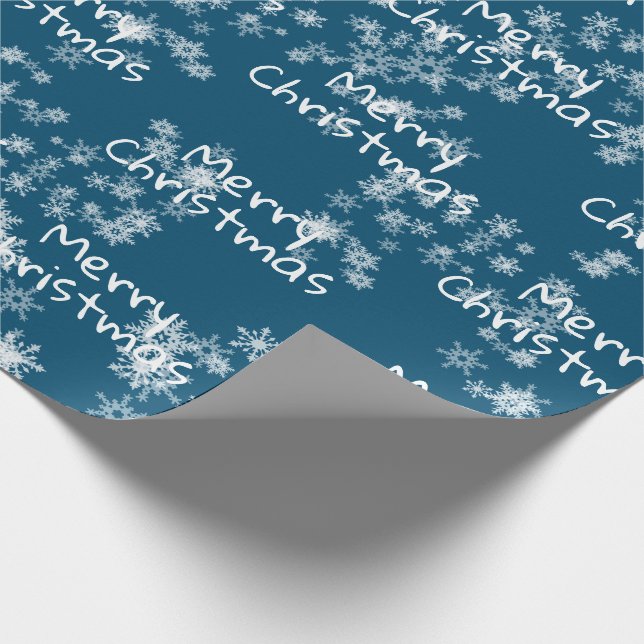 Frohe Weihnachts-Text in Schneeflocken Wrapping Pa Geschenkpapier (Ecke)