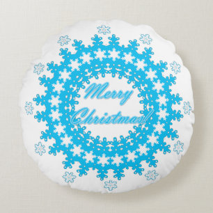 Frohe Weihnachts-Text rund Rahmen Snowflake blau m Rundes Kissen