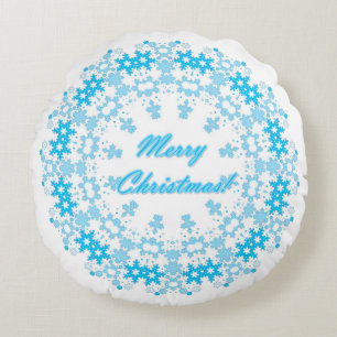 Frohe Weihnachts-Text rund Rahmen Snowflake blau m Rundes Kissen