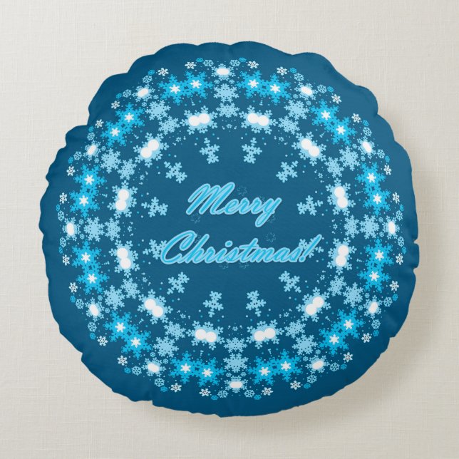 Frohe Weihnachts-Text rund Rahmen Snowflake blau m Rundes Kissen (Vorderseite)