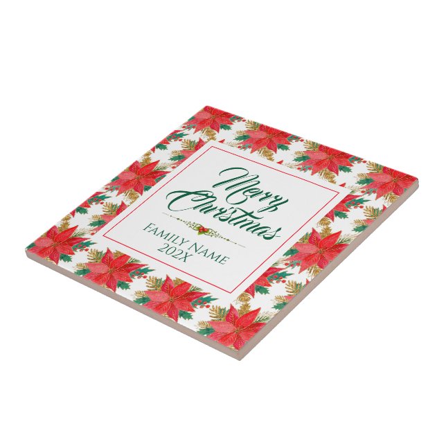 Frohe Weihnachts Typografie & Poinsettia Muster Fliese (Seite)
