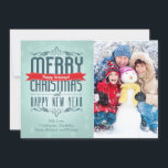 Frohe Weihnachts Typografie Weihnachtsfotokarte Feiertagskarte<br><div class="desc">Moderne frohe Weihnachten,  glückliche Ferien & glückliches neues Jahr Vintages Typografie-Set auf hübschem,  blauen Hintergrund mit Schneeflocken</div>
