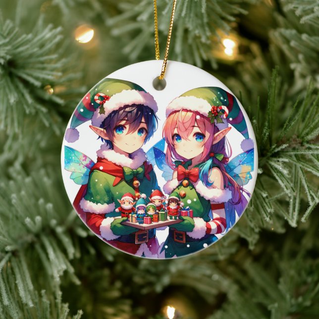 Frohe Weihnachts Wasserfarbe Anime Elves personali Keramik Ornament (Baum)