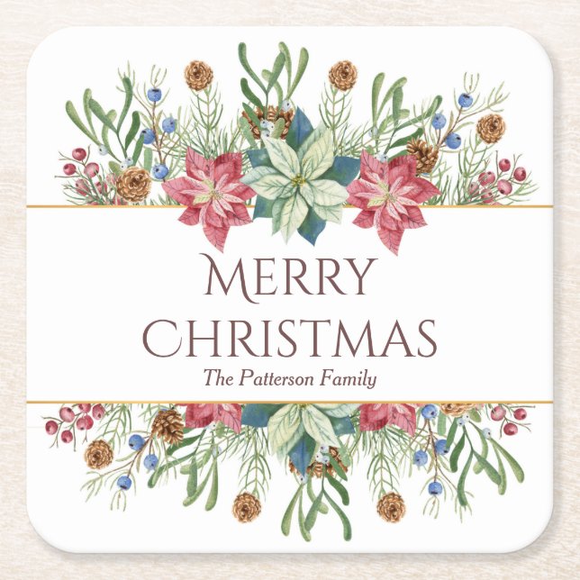 Frohe Weihnachts Wasserfarbe Winter Blume Name Rechteckiger Pappuntersetzer (Vorderseite)
