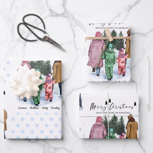 Frohe Weihnachts Wasserfarbenfamilie von 4 Custom Geschenkpapier Set (Vorderseite)