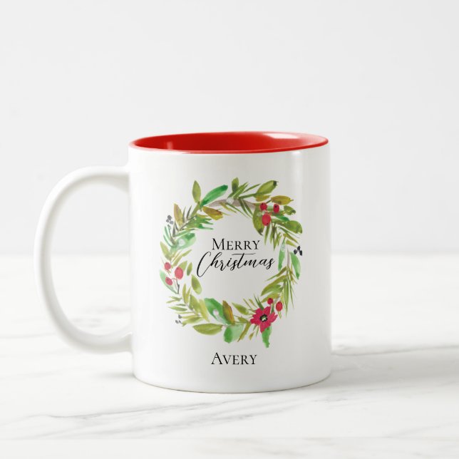 Frohe Weihnachts Wasserfarbenkranz Custom Zweifarbige Tasse (Links)