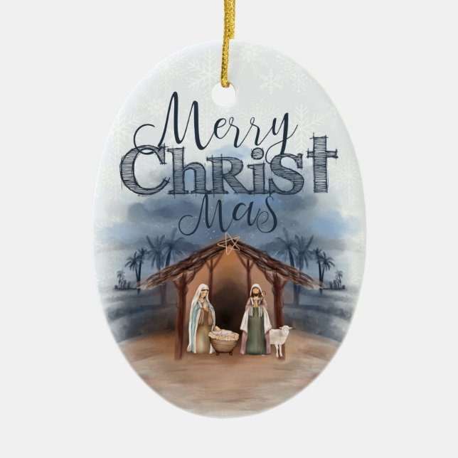 Frohe Weihnachts Weihnachtskrippen Foto / Jahr Keramik Ornament (Vorne)