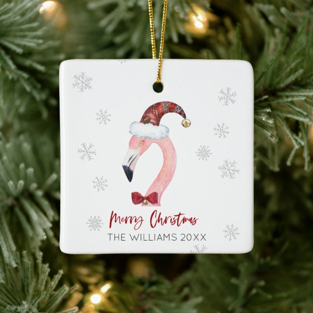 Frohe Weihnachts-Weihnachtsmannmütze Flamingo Schn Keramikornament (Baum)