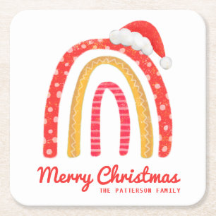 Frohe Weihnachts-Weihnachtsmannmütze Rainbow Perso Rechteckiger Pappuntersetzer