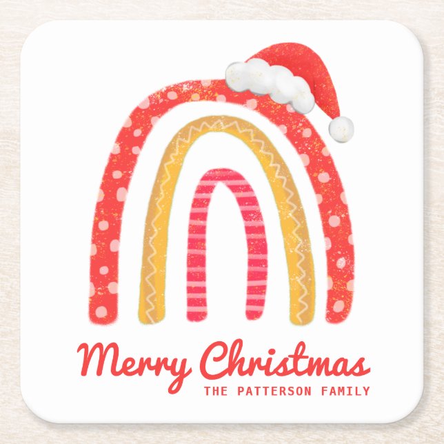Frohe Weihnachts-Weihnachtsmannmütze Rainbow Perso Rechteckiger Pappuntersetzer (Vorderseite)