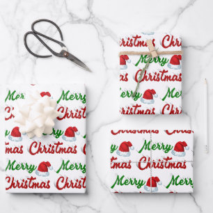 Frohe Weihnachts-Weihnachtsmannmütze Rot-Grün-Skri Geschenkpapier Set